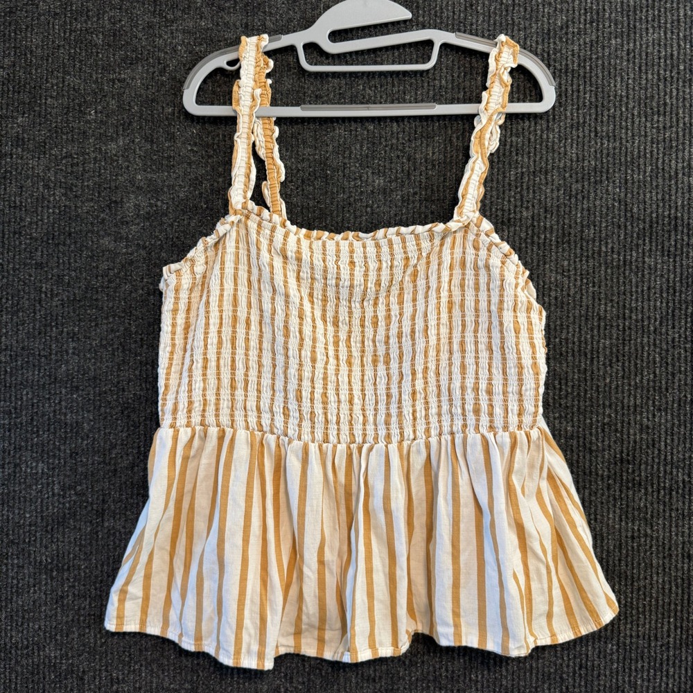 Ava & Viv Peplum Tank Top Womens 1X Yellow Striped Smocked Ruffle Sleeveless
